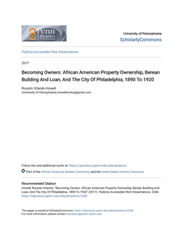 African American Property Ownership, Berean Building and Loan, and the City of Philadelphia, 1890 to 1920