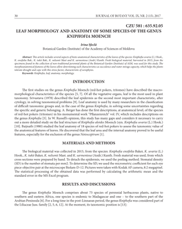 Leaf Morphology and Anatomy of Some Species of the Genus Kniphofia Moench