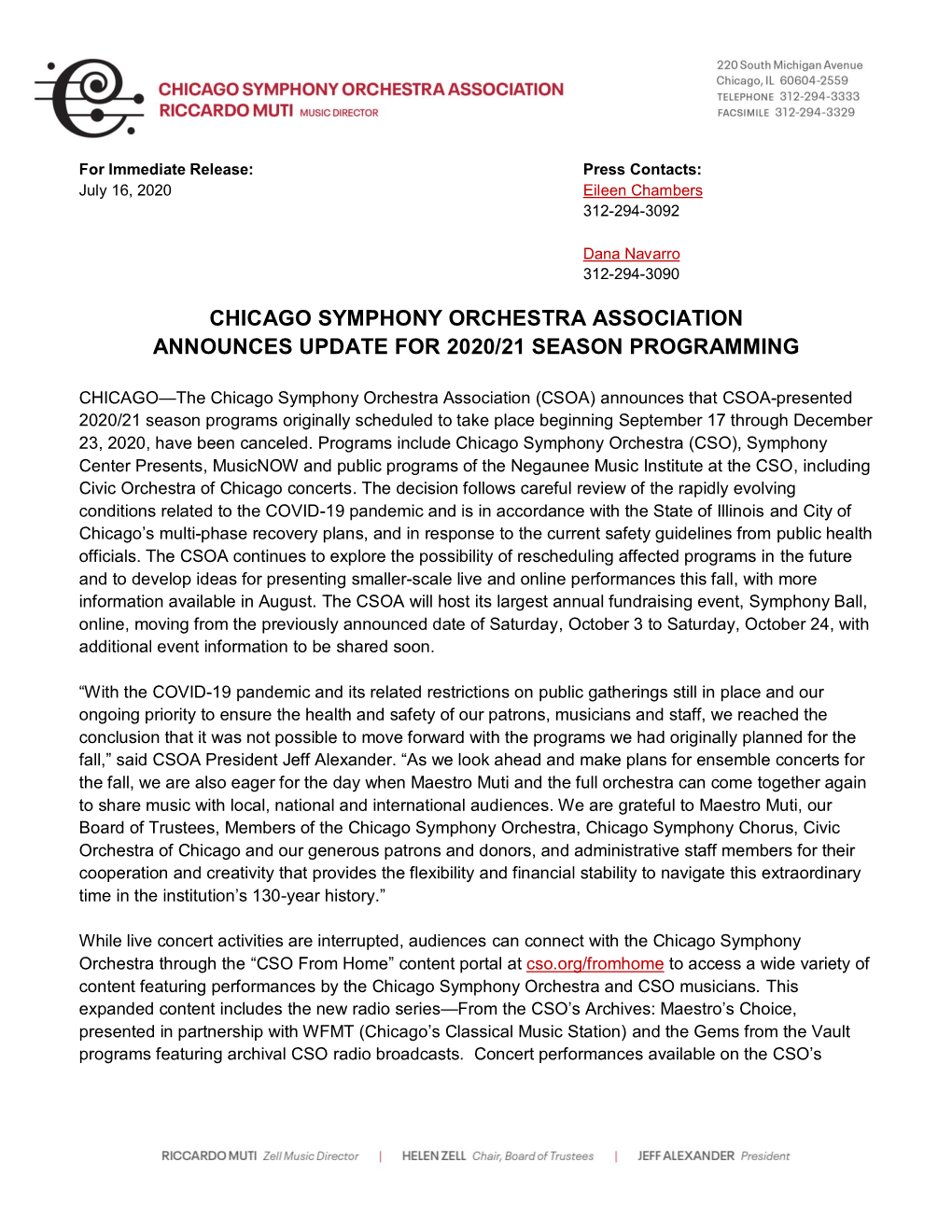 Chicago Symphony Orchestra Association Announces Update for 2020/21 Season Programming