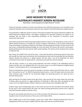 Jacki Weaver to Receive Australia's Highest Screen