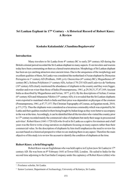 Sri Lankan Eephant in 17Th Century - a Hstorical Record of Robert Knox: a Review