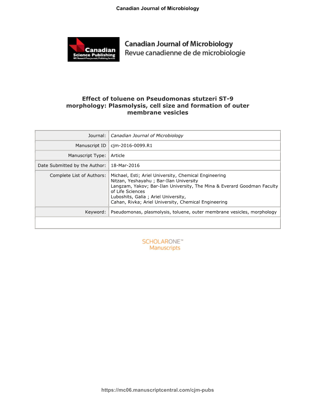 Effect of Toluene on Pseudomonas Stutzeri ST-9 Morphology: Plasmolysis, Cell Size and 1