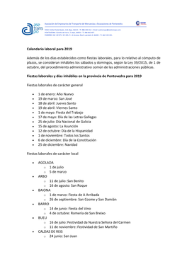 Calendario Laboral Provincia Pontevedra 2019