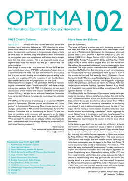 OPTIMA Mathematical Optimization Society Newsletter 102 MOS Chair’S Column Note from the Editors