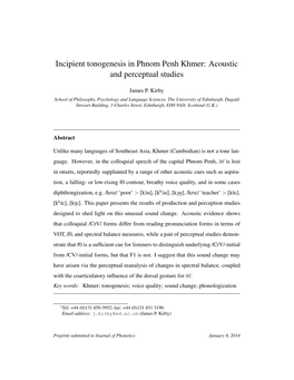 Incipient Tonogenesis in Phnom Penh Khmer: Acoustic and Perceptual Studies
