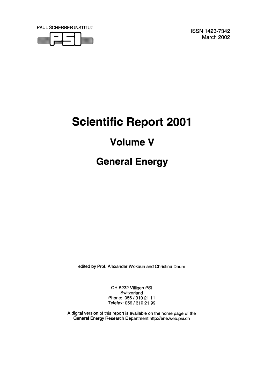 Scientific Report 2001 Volume V General Energy