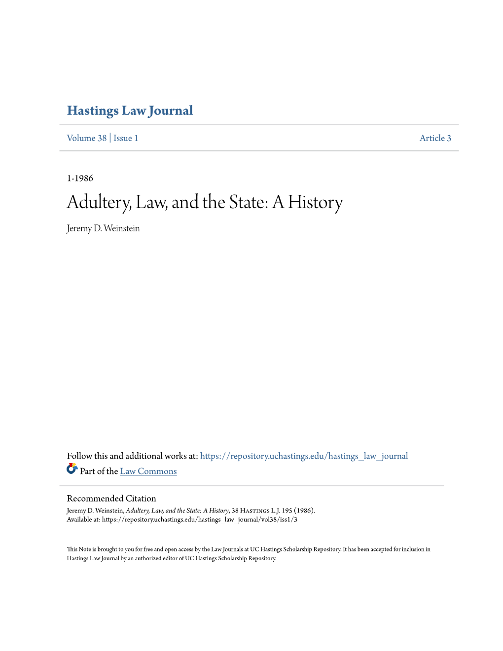 Adultery, Law, and the State: a History Jeremy D