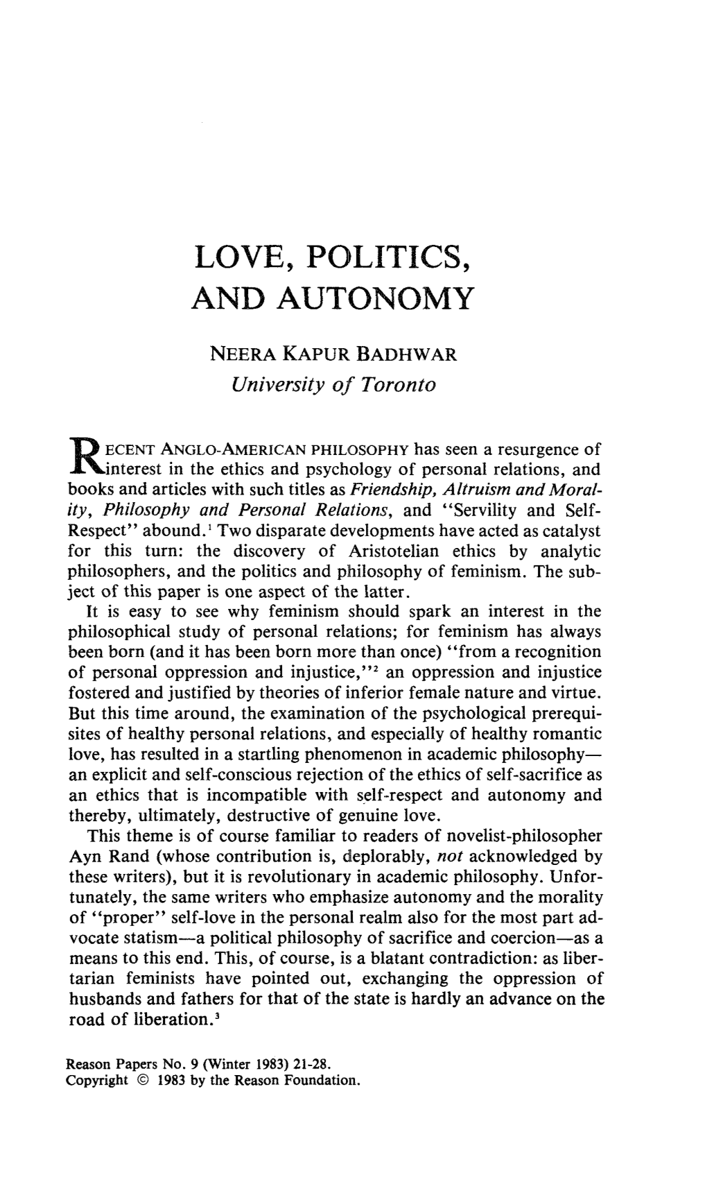 Love, Politics, and Autonomy