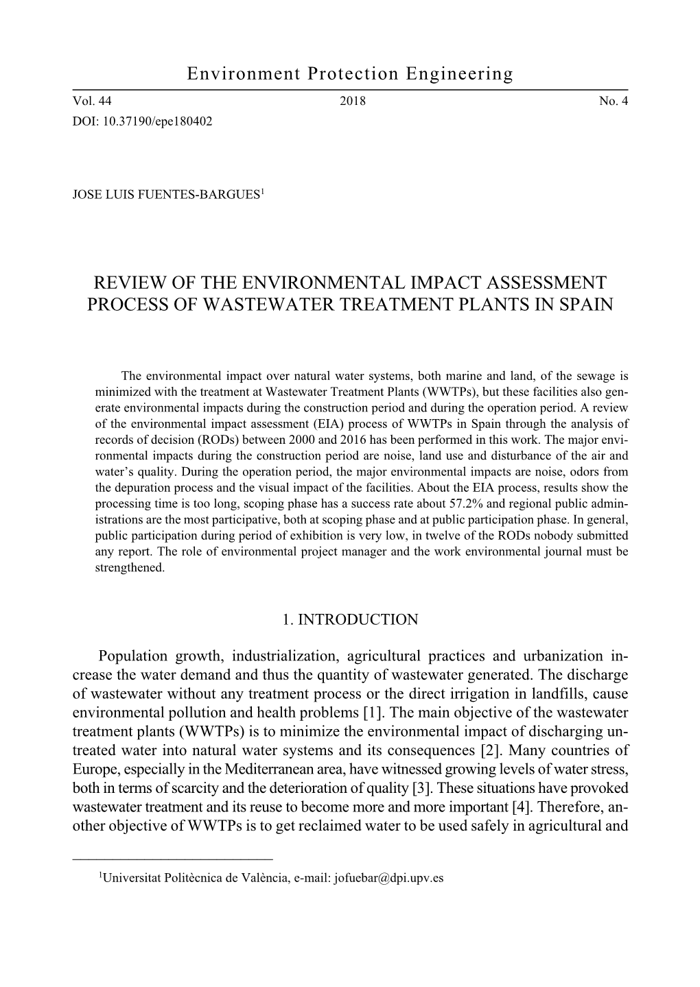 Environment Protection Engineering REVIEW of the ENVIRONMENTAL IMPACT ASSESSMENT PROCESS of WASTEWATER TREATMENT PLANTS in SPAIN