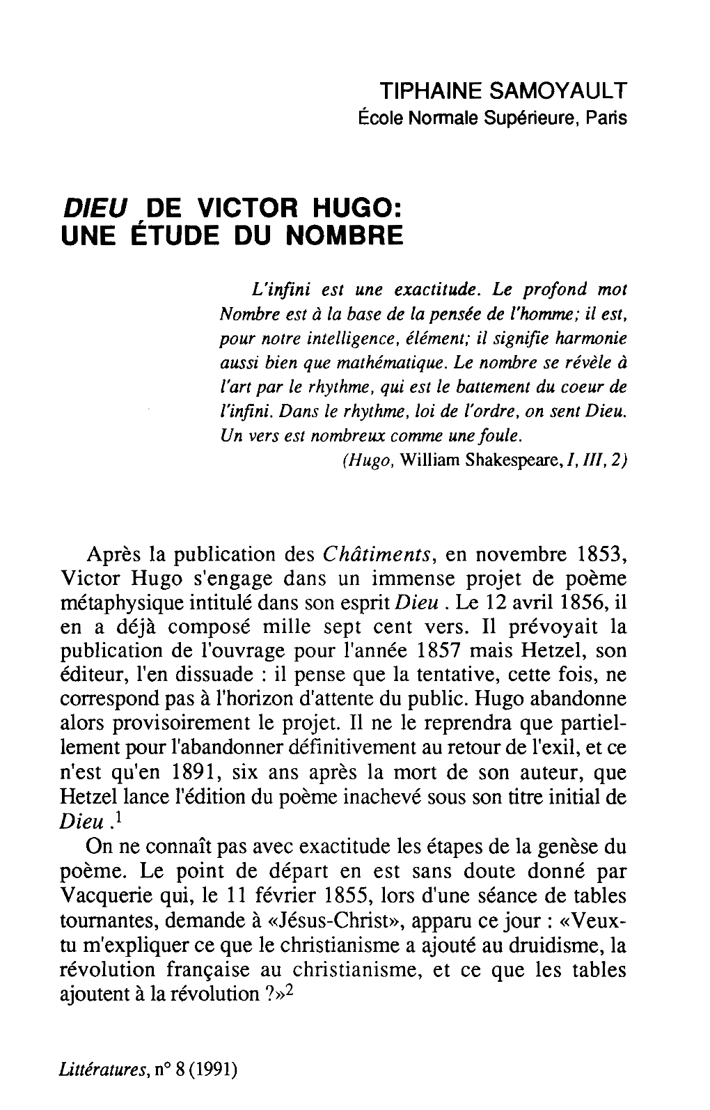 Dieu De Victor Hugo: Une Etude Du Nombre