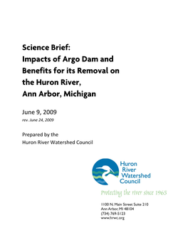 Science Brief: Impacts of Argo Dam and Benefits for Its Removal on the Huron River, Ann Arbor, Michigan