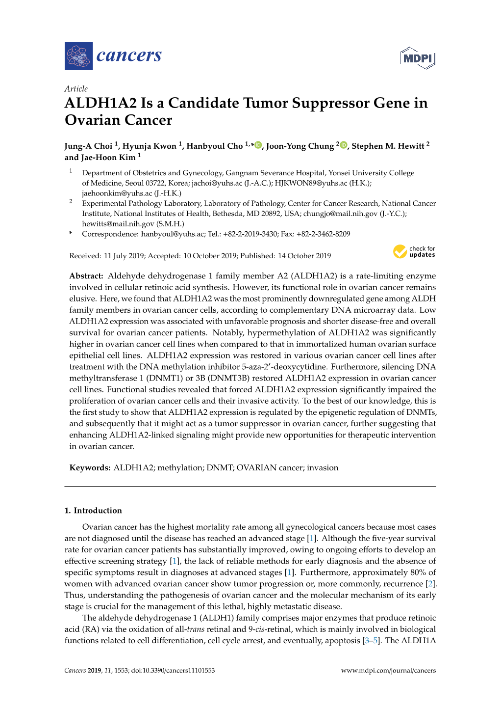 ALDH1A2 Is a Candidate Tumor Suppressor Gene in Ovarian Cancer