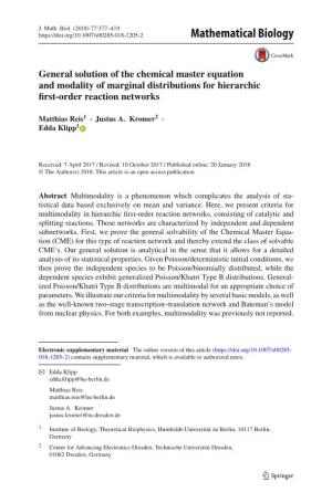 General Solution of the Chemical Master Equation and Modality of Marginal Distributions for Hierarchic ﬁrst-Order Reaction Networks