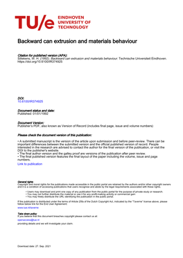 Backward Can Extrusion and Materials Behaviour