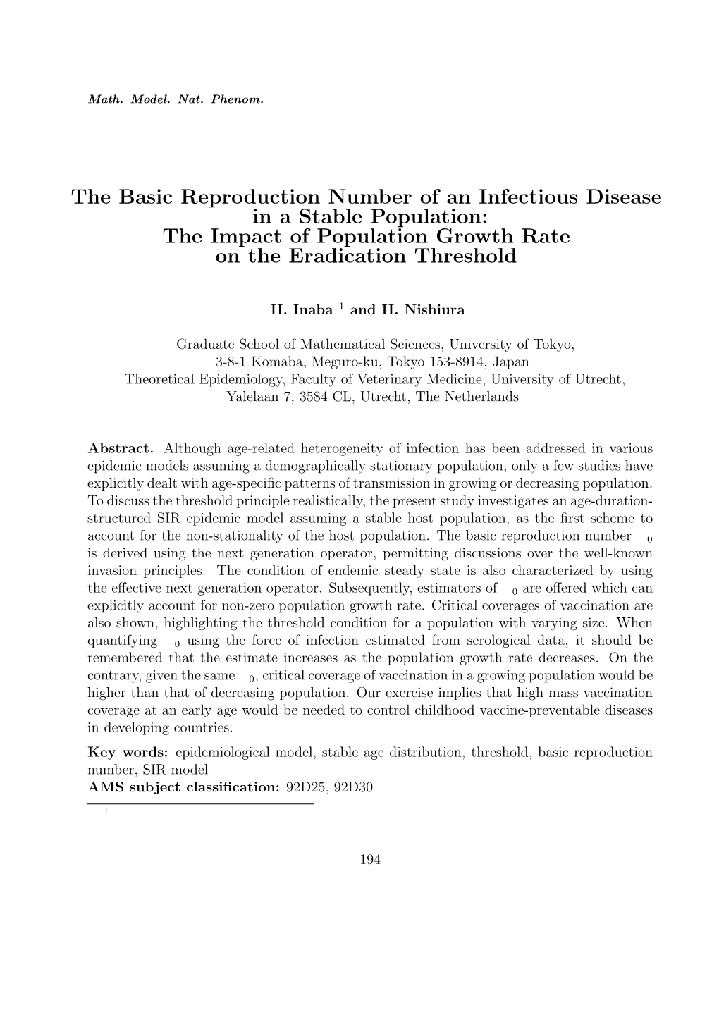 The Basic Reproduction Number of an Infectious Disease in a Stable Population: the Impact of Population Growth Rate on the Eradication Threshold