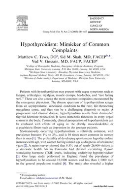 Hypothyroidism: Mimicker of Common Complaints Matthew C