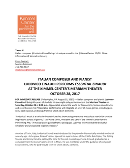 Italian Composer and Pianist Ludovico Einaudi Performs Essential Einaudi at the Kimmel Center’S Merriam Theater October 28, 2017