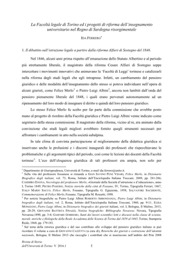 La Facoltà Legale Di Torino Ed I Progetti Di Riforma Dell’Insegnamento Universitario Nel Regno Di Sardegna Risorgimentale