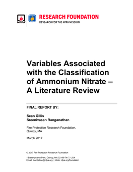 Variables Associated with the Classification of Ammonium Nitrate – a Literature Review