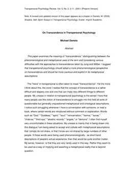 On Transcendence in Transpersonal Psychology Michael Daniels