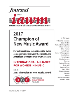 2017 Champion of New Music Award Reviews Reports Awards and Honors Members’ News