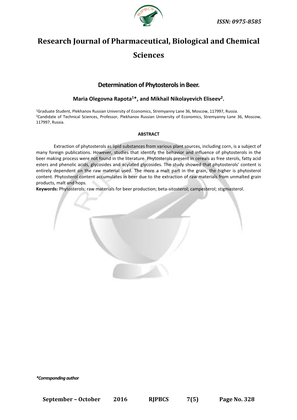 Research Journal of Pharmaceutical, Biological and Chemical Sciences