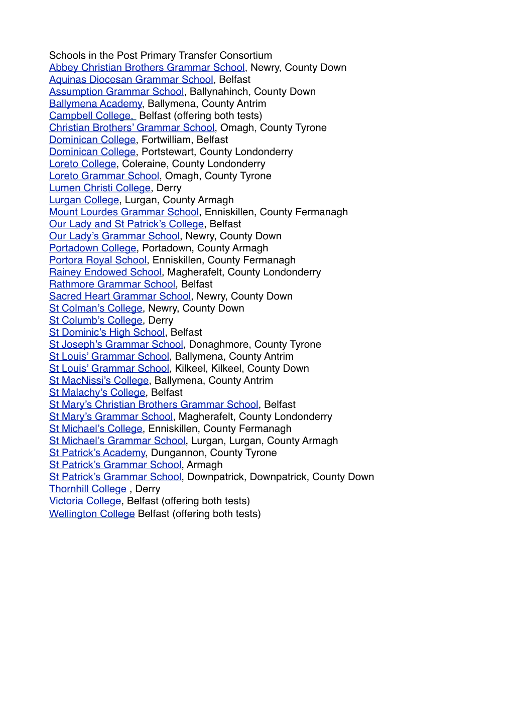 Schools in the Post Primary Transfer Consortium Abbey Christian