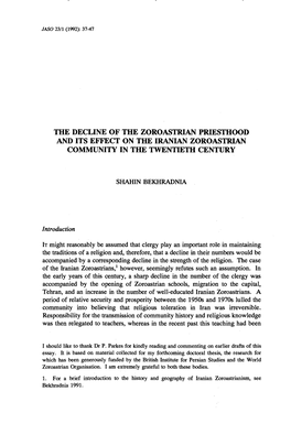 The Decline of the Zoroastrian Priesthood and Its Effect on the Iranian Zoroastrian Community In