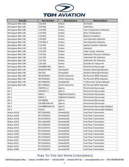 Aircraft Part Number Manufacturer Nomenclature Aerospace Bae 146