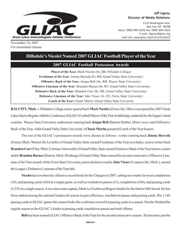 Hillsdale's Nicolet Named 2007 GLIAC Football Player of the Year