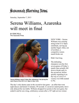 Serena Williams, Azarenka Will Meet in Final