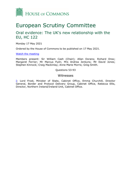 European Scrutiny Committee Oral Evidence: the UK's New Relationship with the EU, HC 122