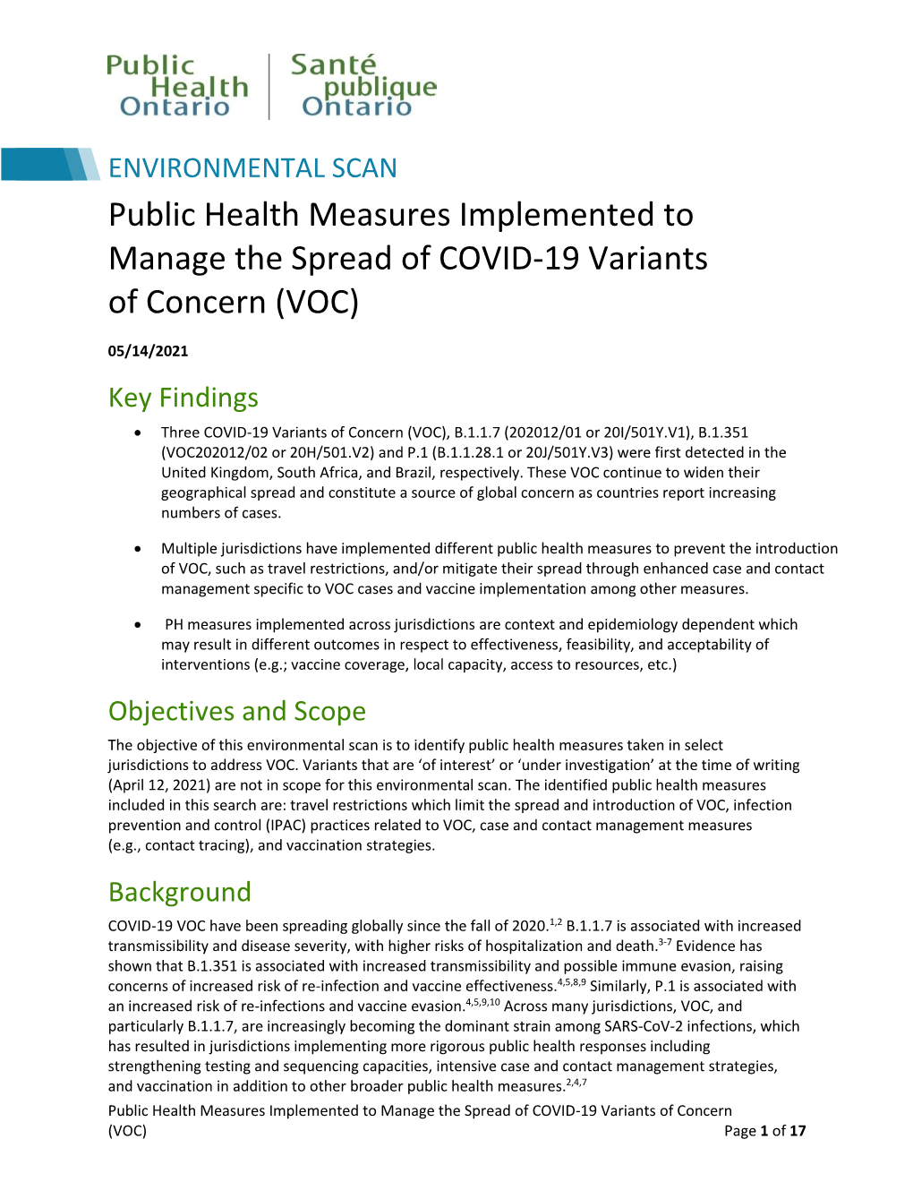 Public Health Measures Implemented to Manage the Spread of COVID-19 Variants of Concern (VOC)