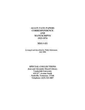 Allen Tate Papers Correspondence and Manuscripts 1923-1974