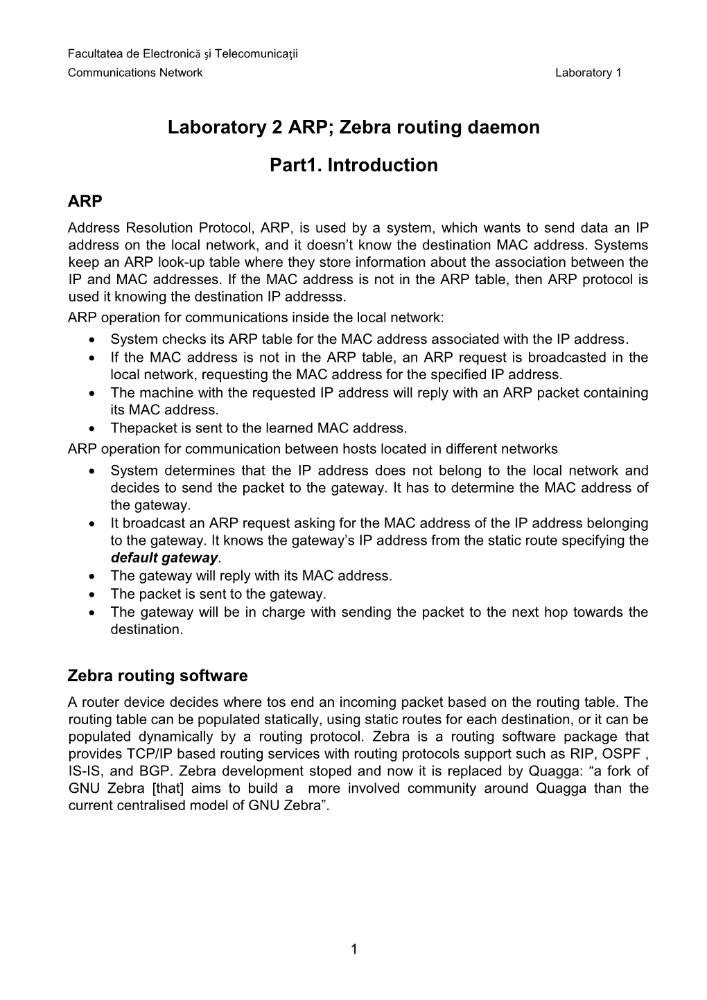 Laboratory 2 ARP; Zebra Routing Daemon Part1. Introduction