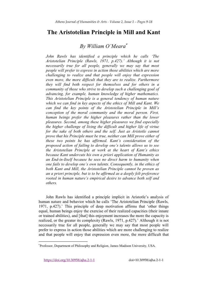 The Aristotelian Principle in Mill and Kant