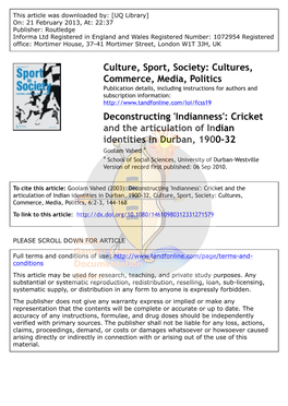 Cricket and the Articulation of Indian Identities in Durban, 1900-32