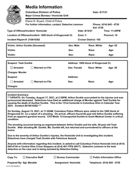 Media Information Columbus Division of Police Date: 8/17/21 Major Crimes Bureau / Homicide Unit