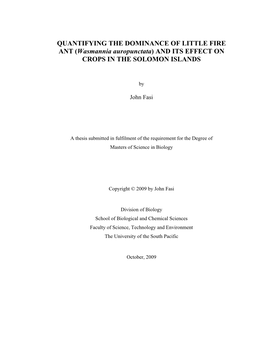 (Wasmannia Auropunctata) and ITS EFFECT on CROPS in the SOLOMON ISLANDS