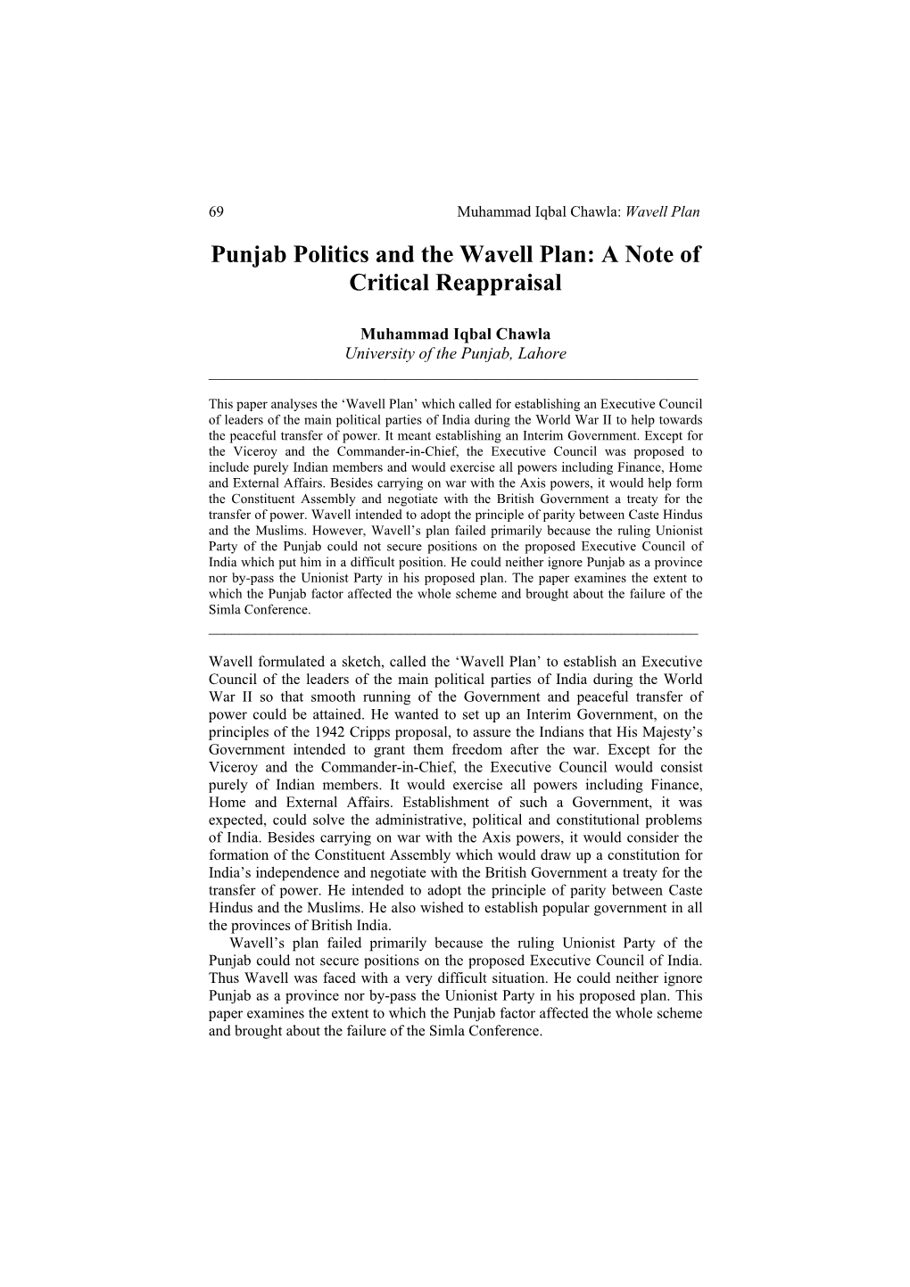 Punjab Politics and the Wavell Plan: a Note of Critical Reappraisal
