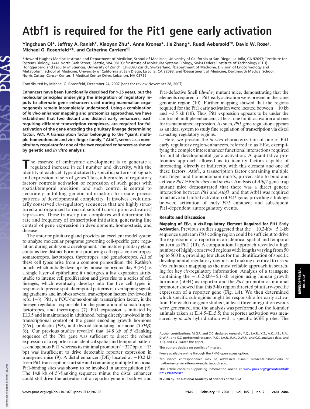 Atbf1 Is Required for the Pit1 Gene Early Activation