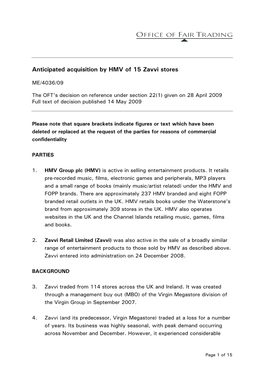 Anticipated Acquisition by HMV of 15 Zavvi Stores