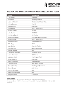 William and Barbara Edwards Media Fellowships – 2019