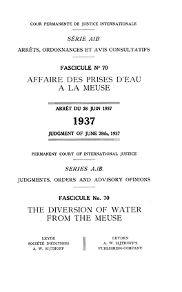 Affaire Des Prises D'eau a La Meuse the Diversion Of
