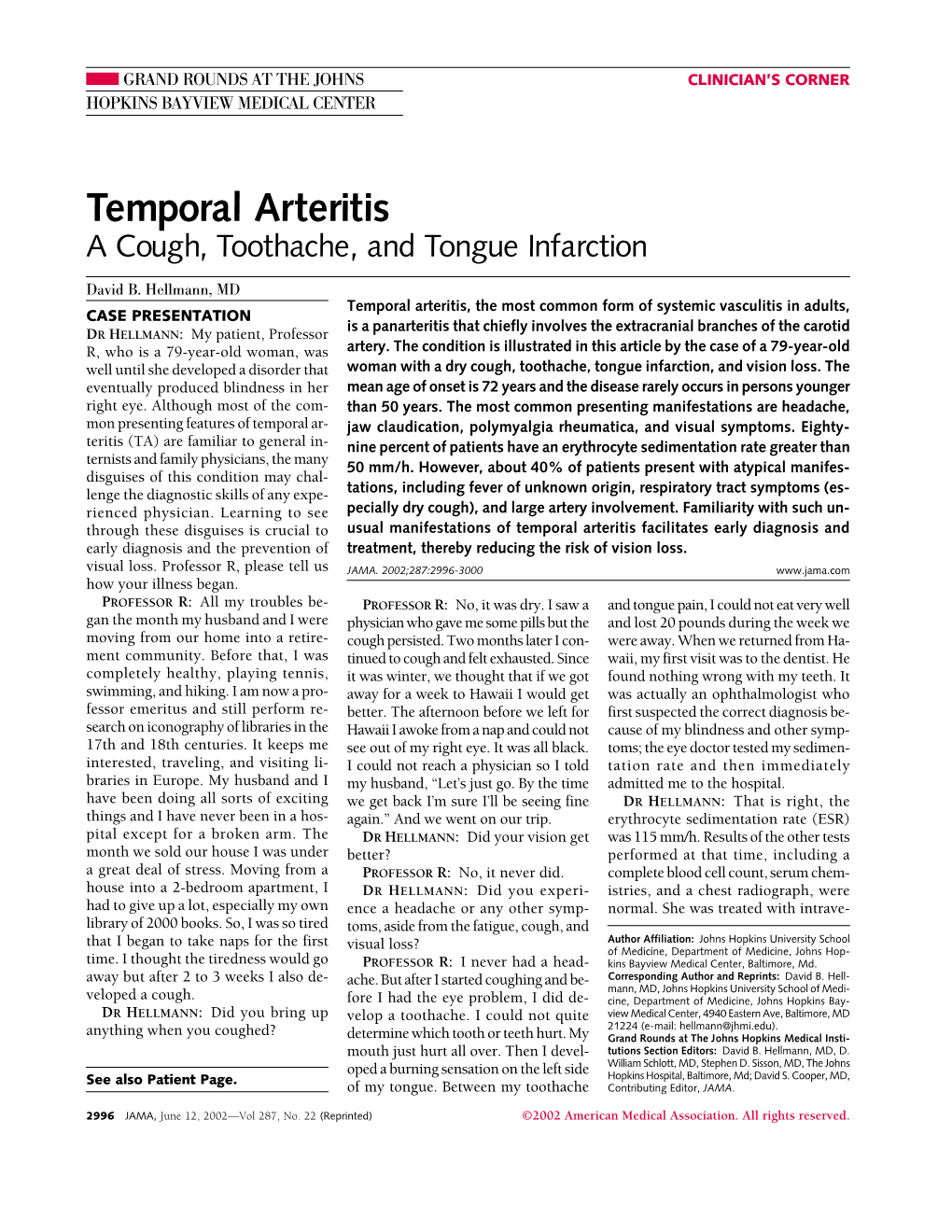 Temporal Arteritis a Cough, Toothache, and Tongue Infarction