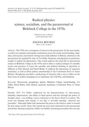 Radical Physics: Science, Socialism, and the Paranormal at Birkbeck College in the 1970S