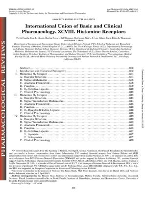 International Union of Basic and Clinical Pharmacology. XCVIII. Histamine Receptors