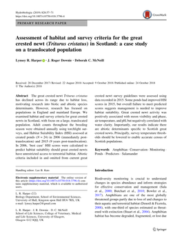Assessment of Habitat and Survey Criteria for the Great Crested Newt (Triturus Cristatus) in Scotland: a Case Study on a Translocated Population