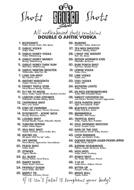 SELECT Shots Shots All Vodkabased Shots Contains DOUBLE O ANTIK VODKA 1