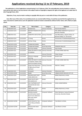 Applications Received During 11 to 17 February, 2019